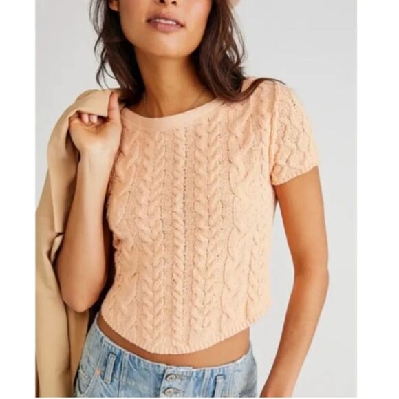Free People Sweaters - Free People Baby Cable Knit Short Sleeve Sweater in Peach